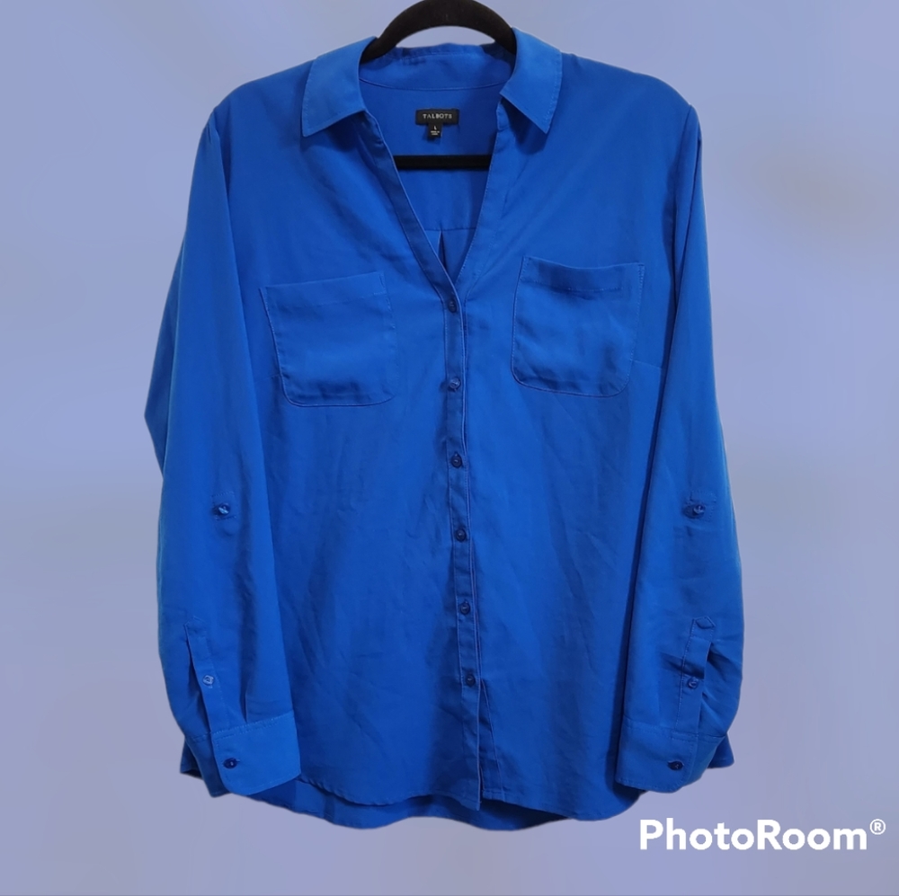 Talbots royal blue long sleeve blouse women's size Large
